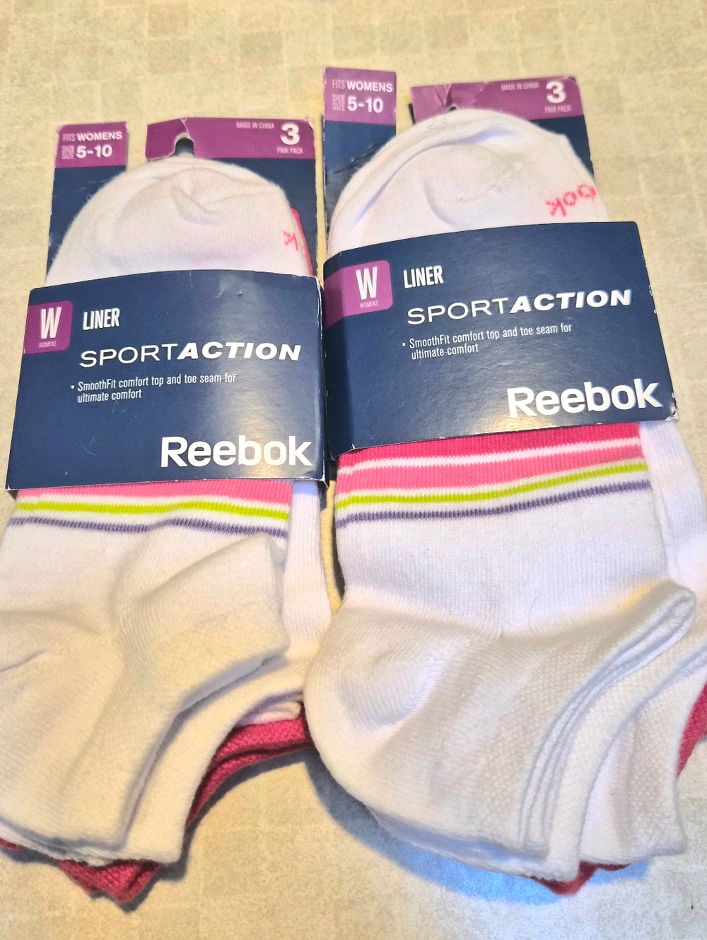 NWT Socks 3 Pack Womens Reebok "Sport Action." White With Stripes.